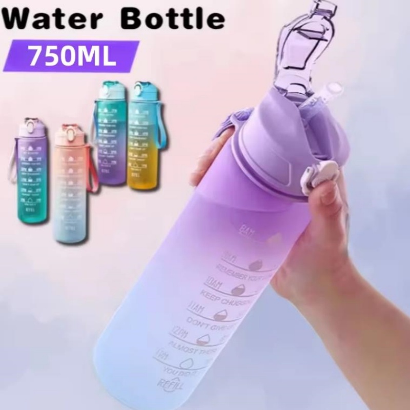 Aquatic Gym - 750ML スポーツウォーターボトル タイムマーカー付き 漏れ防止カップ モチベーションを高めるポータブルウォーターボトル アウトドアスポーツフィットネス用
